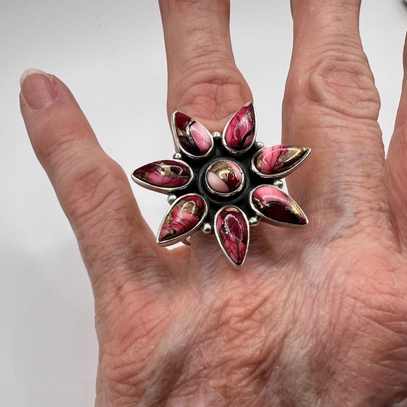 Sterling Silver 925 Red Rose Dahlia Turquoise Flower Statement Ring Size 10 - Picture 5 of 9